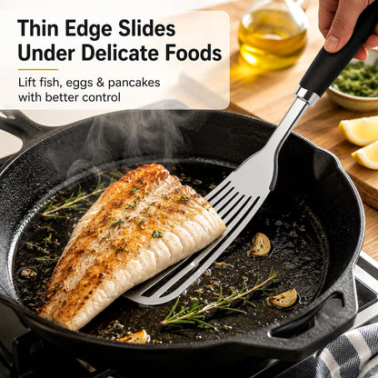 304 Stainless Steel Fish Spatula, Thin Flexible Slotted Turner | Non-Slip Ergonomic Handle, Metal Spatula for Fish, Eggs, Burgers, Cast Iron & Griddle, Black