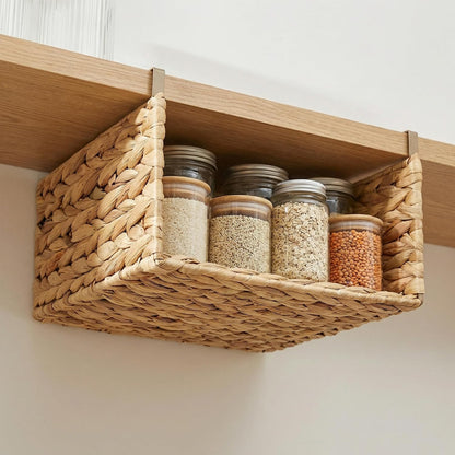 Under Desk Water Hyacinth Storage Baskets, Wicker Shelf Organizer Basket | Hangable storage basket made of natural water hyacinth, can be used in cabinets, wardrobes, shelves, and under coffee tables