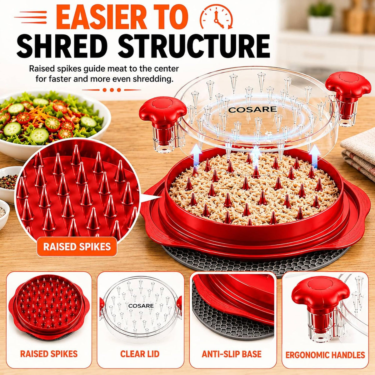 COSARE Chicken Shredder Tool Twist Large, Meat Shredder for Chicken Breast, Pork & Beef, BPA Free, Strong Anti-Slip Strip, Ergonomic Handle, Meat Claws, Tong, Brush & Mat - Red