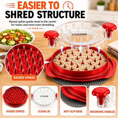 COSARE Chicken Shredder Tool Twist Large, Meat Shredder for Chicken Breast, Pork & Beef, BPA Free, Strong Anti-Slip Strip, Ergonomic Handle, Meat Claws, Tong, Brush & Mat - Red