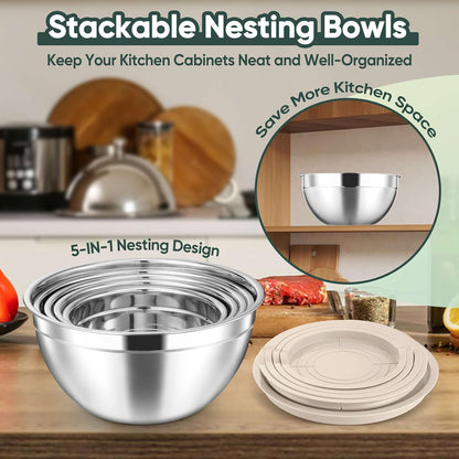 Herogo 5-Piece Mixing Bowls with Airtight Lids, 3 Grater Attachments, Stainless Steel Salad Serving Bowls for Kitchen, Size 4.6, 3.5, 2.5, 2, 1.5QT Ideal for Prepping & Cooking, Black