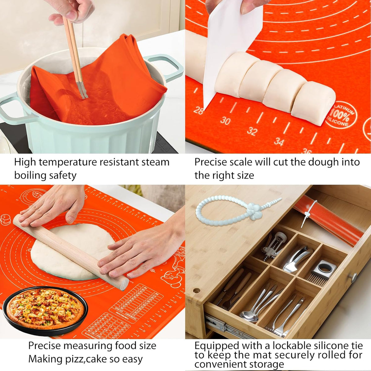Silicone Baking Mat 28" x 20" Extra Thickness Dough Rolling Mat with Measurements and Edge Heightening, Non-stick Food Grade Silicone Pastry Mat for Pastry, Bread, Cookies, Pizza, Fondant, Pasta-Black