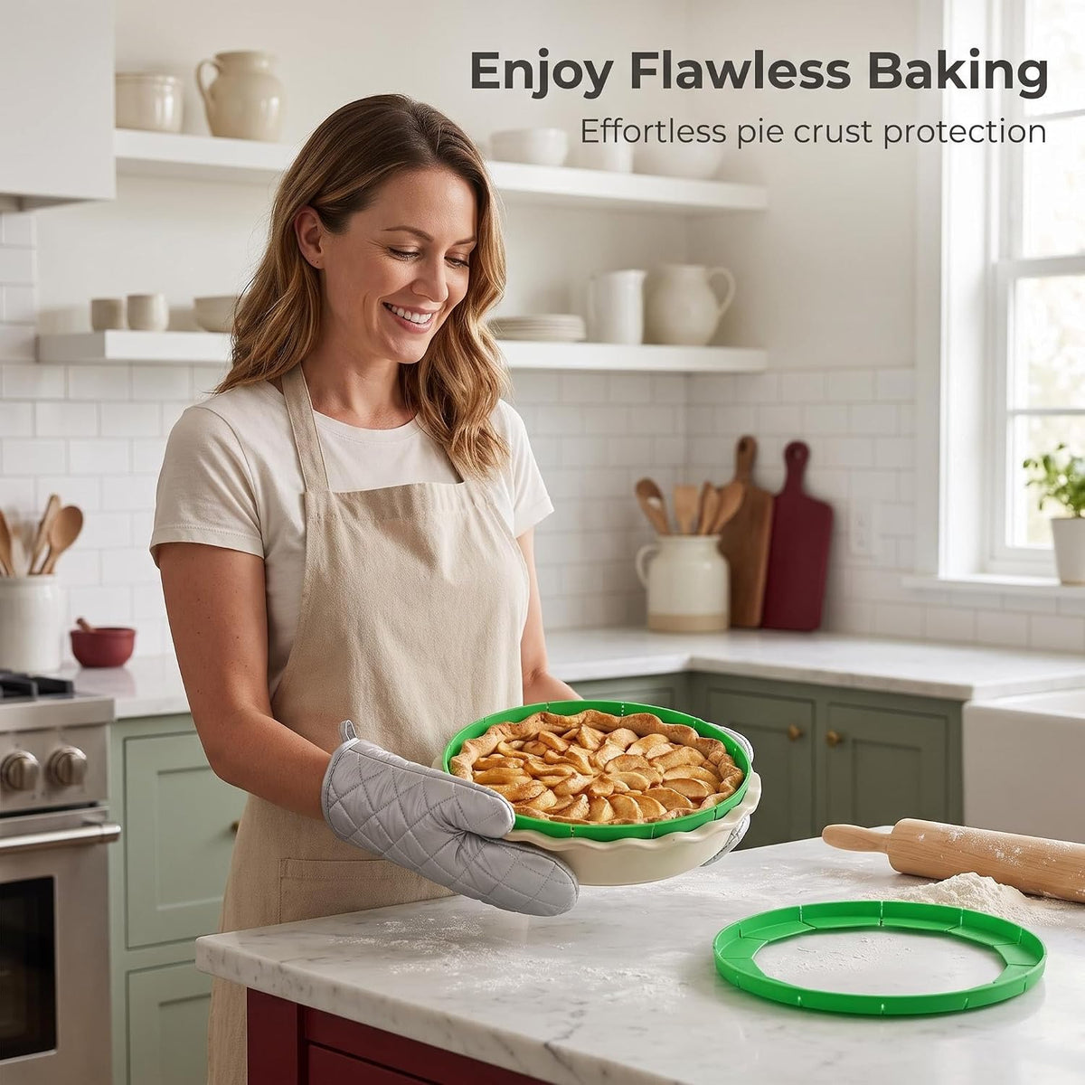 Silicone Pie Crust Shields (2-Pack), Adjustable Pie Protectors,2-Pack Adjustable Silicone Pie Crust Shield, Reusable Pie Crust Protector with insulated gloves, Pie Shield Green.