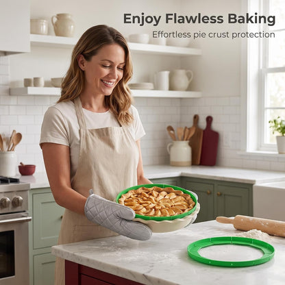 Silicone Pie Crust Shields (2-Pack), Adjustable Pie Protectors,2-Pack Adjustable Silicone Pie Crust Shield, Reusable Pie Crust Protector with insulated gloves, Pie Shield Green.