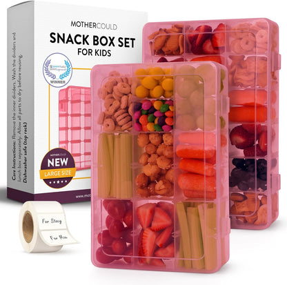 Large Kids Snack Box Containers Set of 2 -100 Labels, BPA-Free, Adjustable Compartments, Dishwasher Safe, Reusable Tray, Food Grade, Meal Prep Container, PARENT TESTED PARENT APPROVED AWARD (Clear)