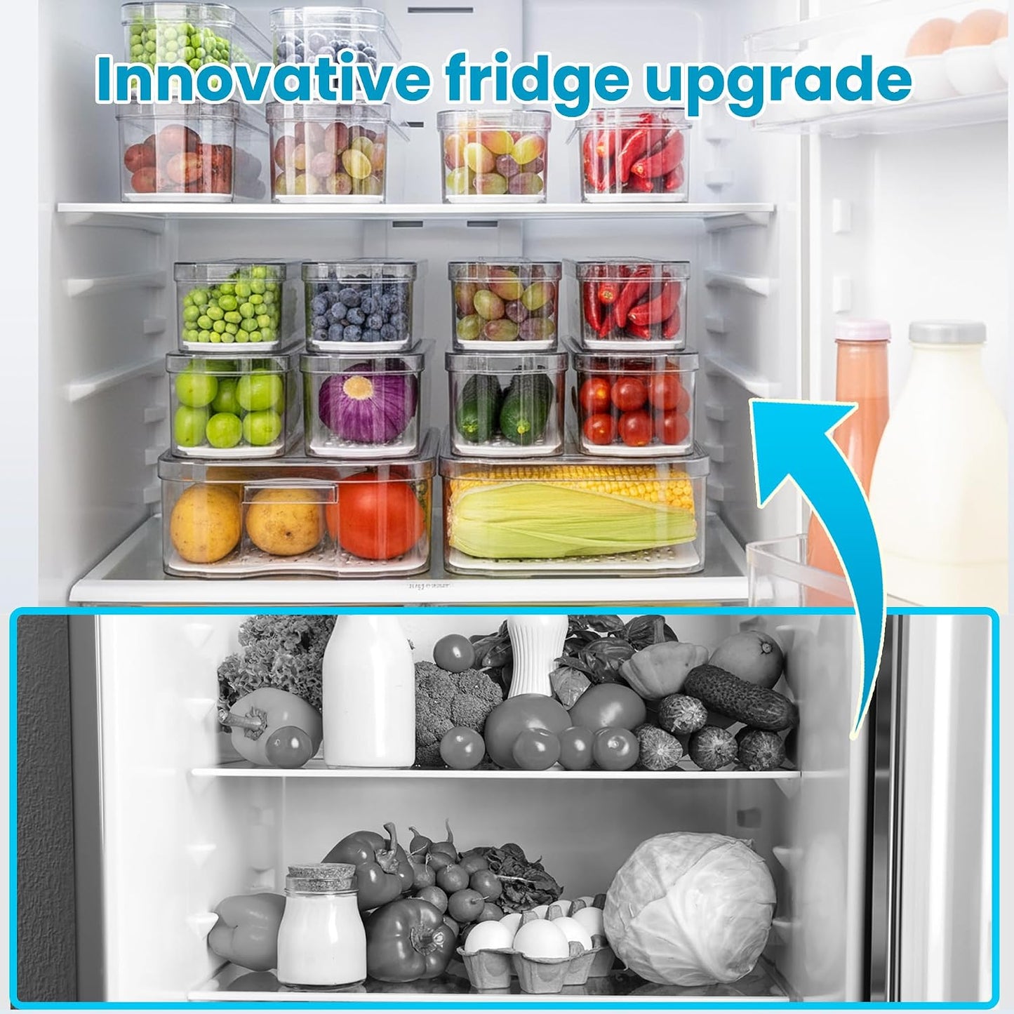 SMRCAD 8 Pack Refrigerator Organizers, Clear Pull-out Drawer Container and Organizer Bins with Lids, Stackable Storage Containers for Fruits, Vegetable (Set of 8 (Include Pull Out Drawer))