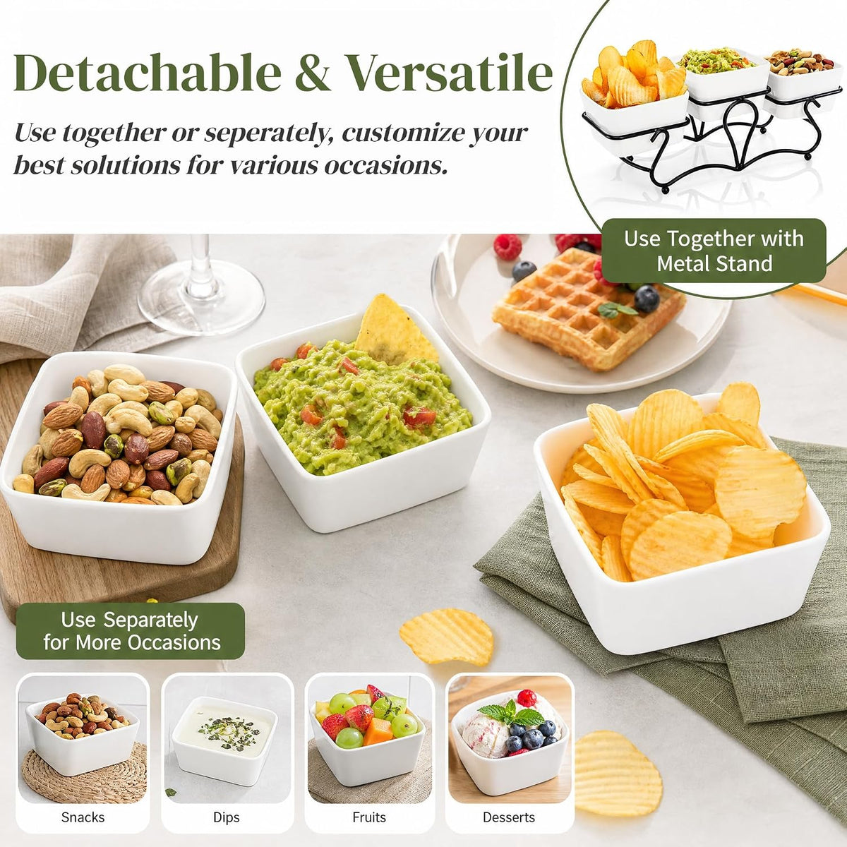 Eorbow 10 OZ Square Bowl Chip & Dip Serving Set, 3 Pieces Ceramic Condiment Server with Metal Stand, Serving Dish Tray for Party Entertaining, Small Snack Platters for Side Dish Appetizer Nuts