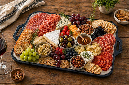 Multi-Purpose Serving and Entertaining Tray with Foldable Silicone Lid and Divided Plates, Stainless Steel Serving Set for Kitchen, Camping, BBQ and Outdoor Events