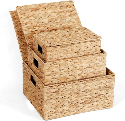 Wicker Storage Baskets for Organizing 3 Pack,Natural Water Hyacinth Ratten Baskets with Wooden Handles, Decorative Handwoven Storage Baskets for Shelves, Bathroom, Pantry or Kitchen