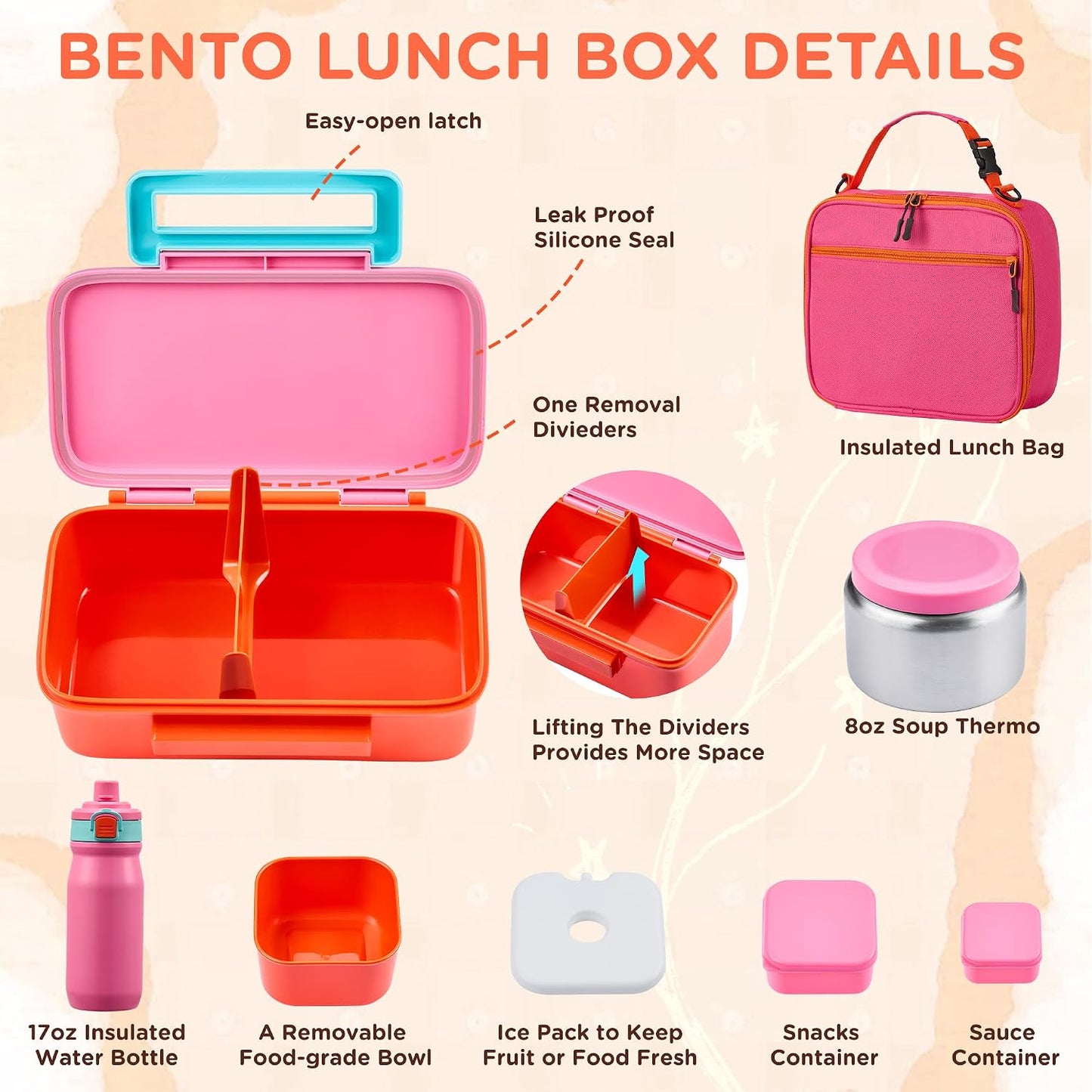 JXXM Bento Lunch Box for Kids With 8oz Thermo, Leakproof Bento Box with with 2 Compartments, Insulated Bottle, Lunch Bag, BPA Free Dishwasher Safe for School Girls Boys (Pink)