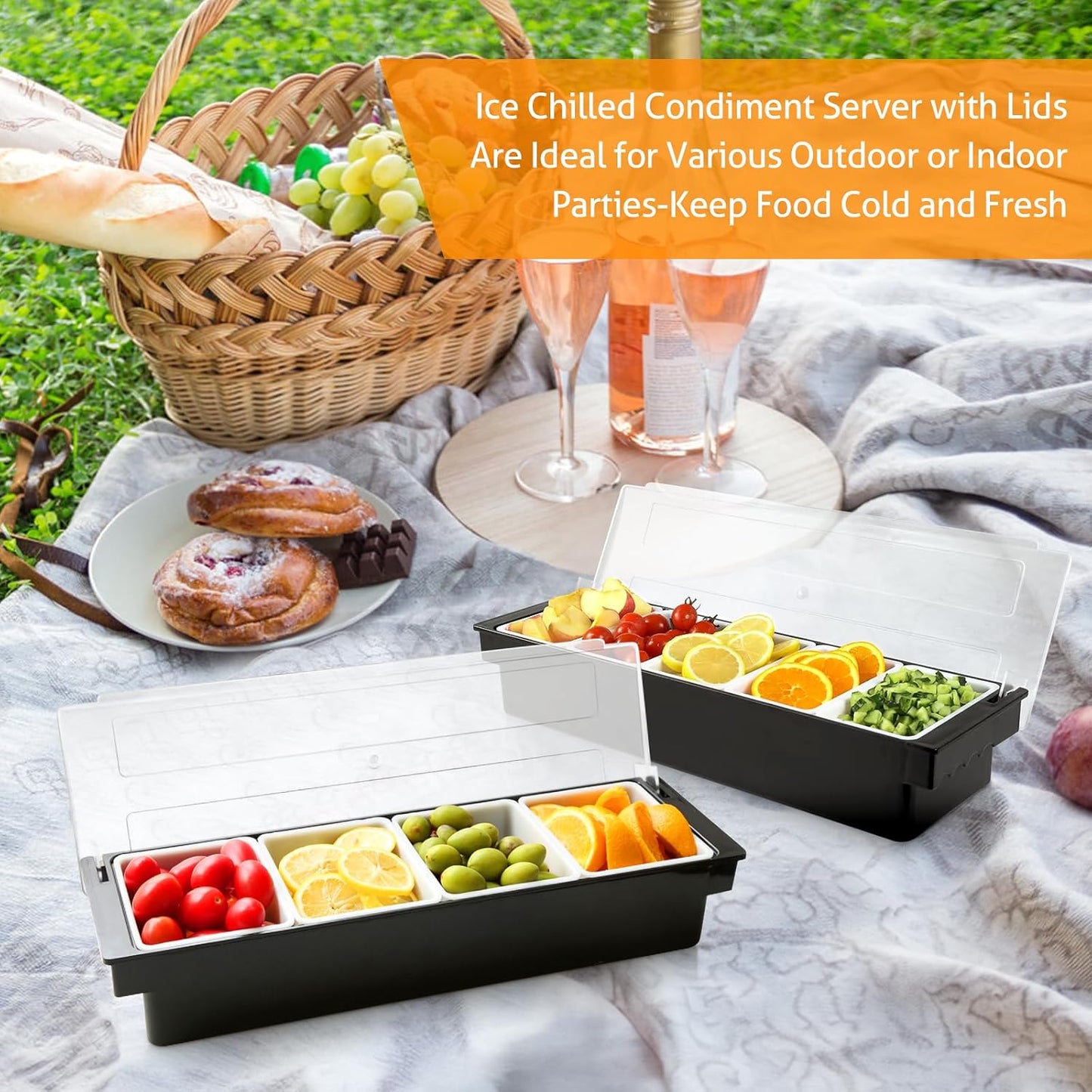 WICHEMI Fruit, Veggie & Condiment Caddy with Lid Dispenser Tray Plastic Garnish Station for Bartending & Serving Taco, Ice Cream, Salad Bar - Topping Organizer for Restaurant Supplies (3 Compartment)