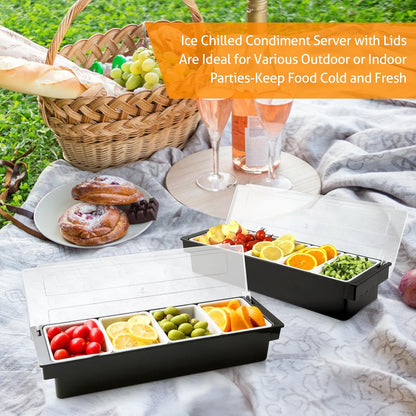 WICHEMI Fruit, Veggie & Condiment Caddy with Lid Dispenser Tray Plastic Garnish Station for Bartending & Serving Taco, Ice Cream, Salad Bar - Topping Organizer for Restaurant Supplies (3 Compartment)