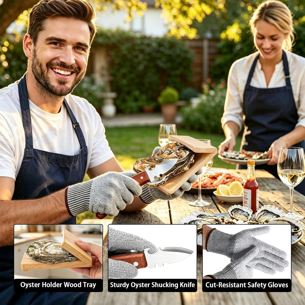 Oyster Shucking Knife Set, 3-Piece Oyster Shucker Kit with Wooden Oyster Clamp, Cut Resistant Gloves & Stainless Steel Oyster Knife, Oyster Opener Tool for Clams & Shellfish