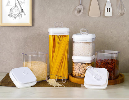 Felli Flip Tite Acrylic Food Storage Container with Lid 6” XL Air Tight Ring Seal Flip Top, Plastic Kitchen Baking Canister for 5 lb Flour Sugar Rice Protein Powder Pantry Organizer (Nest-M, White)