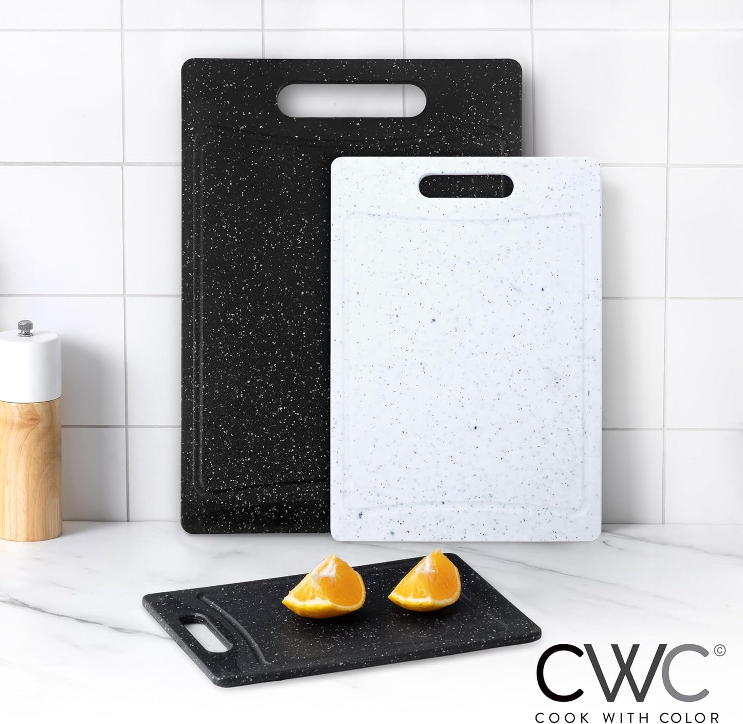 COOK WITH COLOR Non-Slip Cutting Board Set – Kitchen Essentials with Easy Grip Handle for Meat, Veggies, and Fruits, 3 Cutting Boards, Speckled White