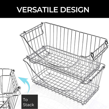 Smart Design Stacking Baskets Organizer w/ Handle - Medium - Steel - for Food, Fruit, & Vegetable Safe - Kitchen (12.63 x 5.5 Inch) [Chrome] (2 Pack)