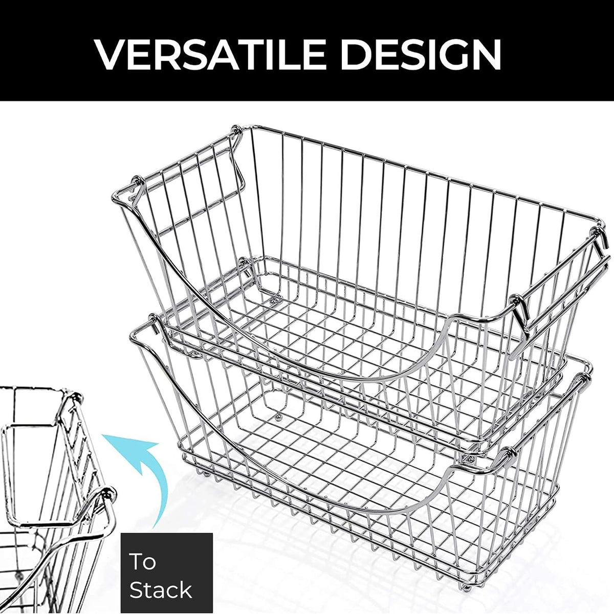 Smart Design Stacking Baskets Organizer w/ Handle - Medium - Steel - for Food, Fruit, & Vegetable Safe - Kitchen (12.63 x 5.5 Inch) [Chrome] (2 Pack)