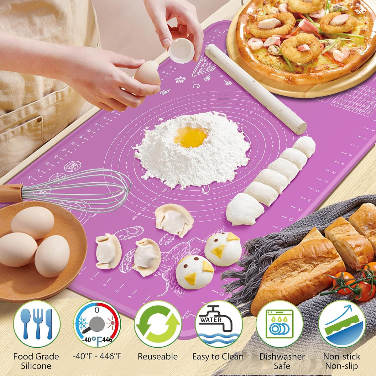 Silicone Baking Mat 28" x 20" Extra Thickness Dough Rolling Mat with Measurements and Edge Heightening, Non-stick Food Grade Silicone Pastry Mat for Pastry, Bread, Cookies, Pizza, Fondant, Pasta-Black