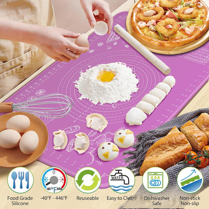 Silicone Baking Mat 28" x 20" Extra Thickness Dough Rolling Mat with Measurements and Edge Heightening, Non-stick Food Grade Silicone Pastry Mat for Pastry, Bread, Cookies, Pizza, Fondant, Pasta-Black