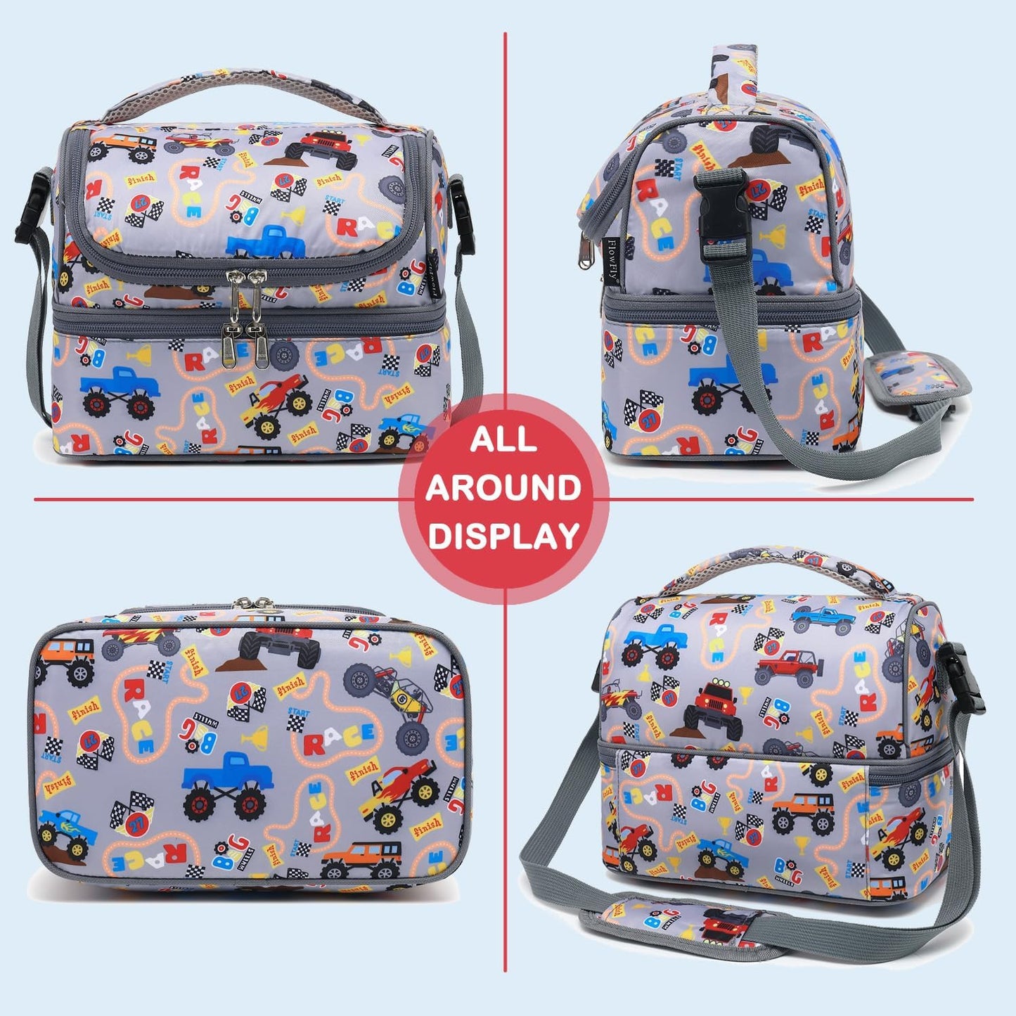 FlowFly Kids Double Decker Cooler Insulated Lunch Bag Large Tote for Boys, Girls, Men, Women, With Adjustable Strap, Unicorn