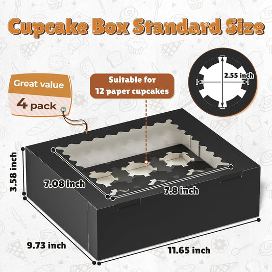 RYDDOY 4 Pack Cupcake Boxes, Hold 12 Standard Cupcakes, Cupcake Containers with Window and Inserts, High Grade Cupcake Holder, for Birthday Holiday Party, Supplies for Cupcakes, Desserts and More