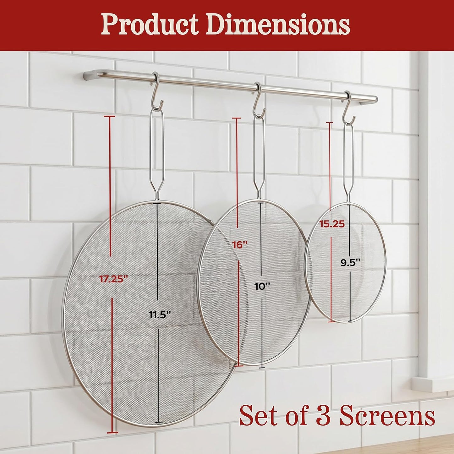 3-Piece Splatter Screen Set – Fine Mesh Stainless-Steel Grease Splatter Guard for Pots, Pans, and Skillets – Kitchen Gadgets by Classic Cuisine