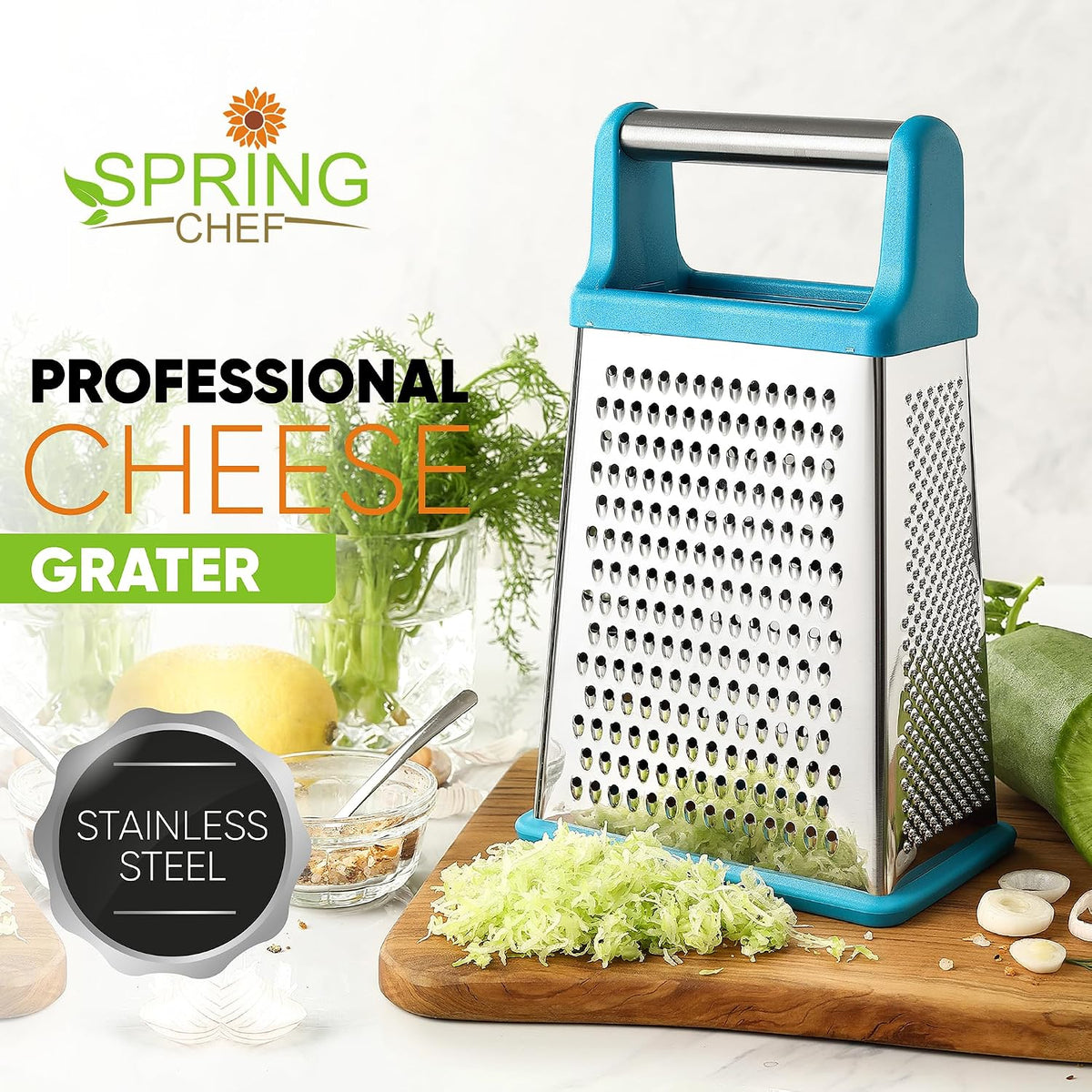 Spring Chef Stainless Steel XL Cheese Grater for Kitchen, Green
