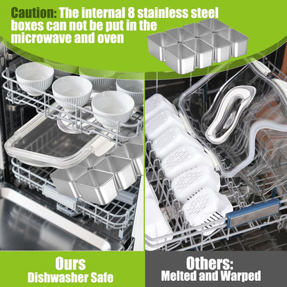 Snackle Box Container Stainless Steel - Reusable 8 Compartment Divided Serving Tray with Lid and Handle, Clear Portable Snack Containers Platters Storage Organizer for Snacks Fruit Candy Veggie Nuts