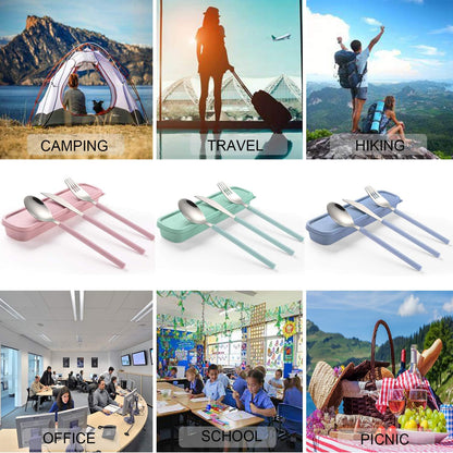 Portable Travel Utensils Set, 18/8 Stainless Steel 3 PCS Cutlery Set Including Knife Fork and Spoon, Reusable Travel Silverware Set with Case for Lunch Box Camping School Office