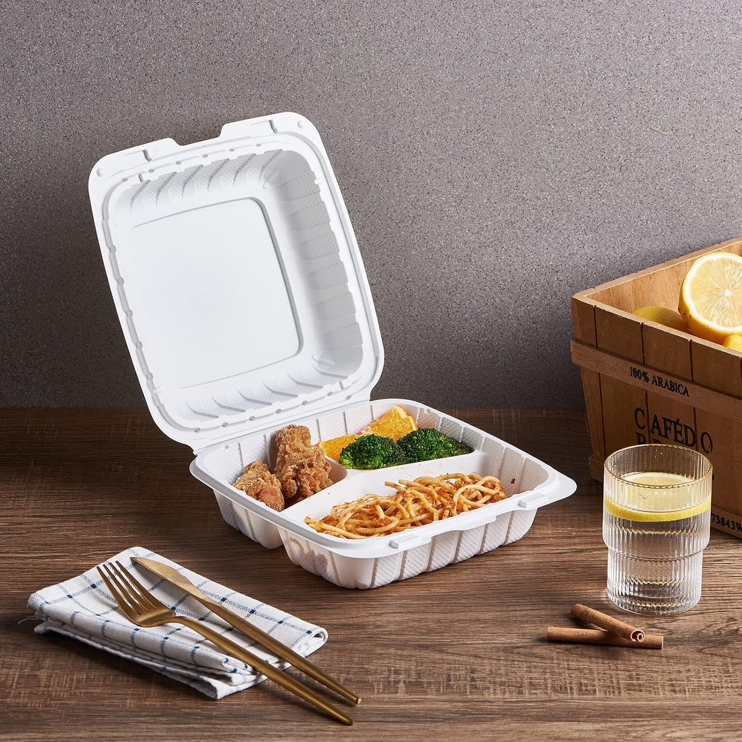 FULING [8x8-Inch, 50 Pieces, 3-Compartment Disposable To Go Box Containers, Plastic Clamshell Takeout Food Trays, Microwave Safe, Cut Resistantstable Hinged Lid, Hybrid Polypropylene, White