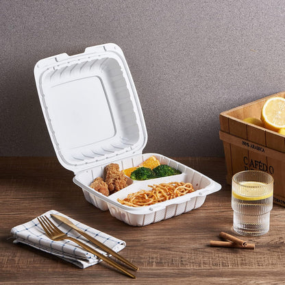 FULING [8x8-Inch, 50 Pieces, 3-Compartment Disposable To Go Box Containers, Plastic Clamshell Takeout Food Trays, Microwave Safe, Cut Resistantstable Hinged Lid, Hybrid Polypropylene, White