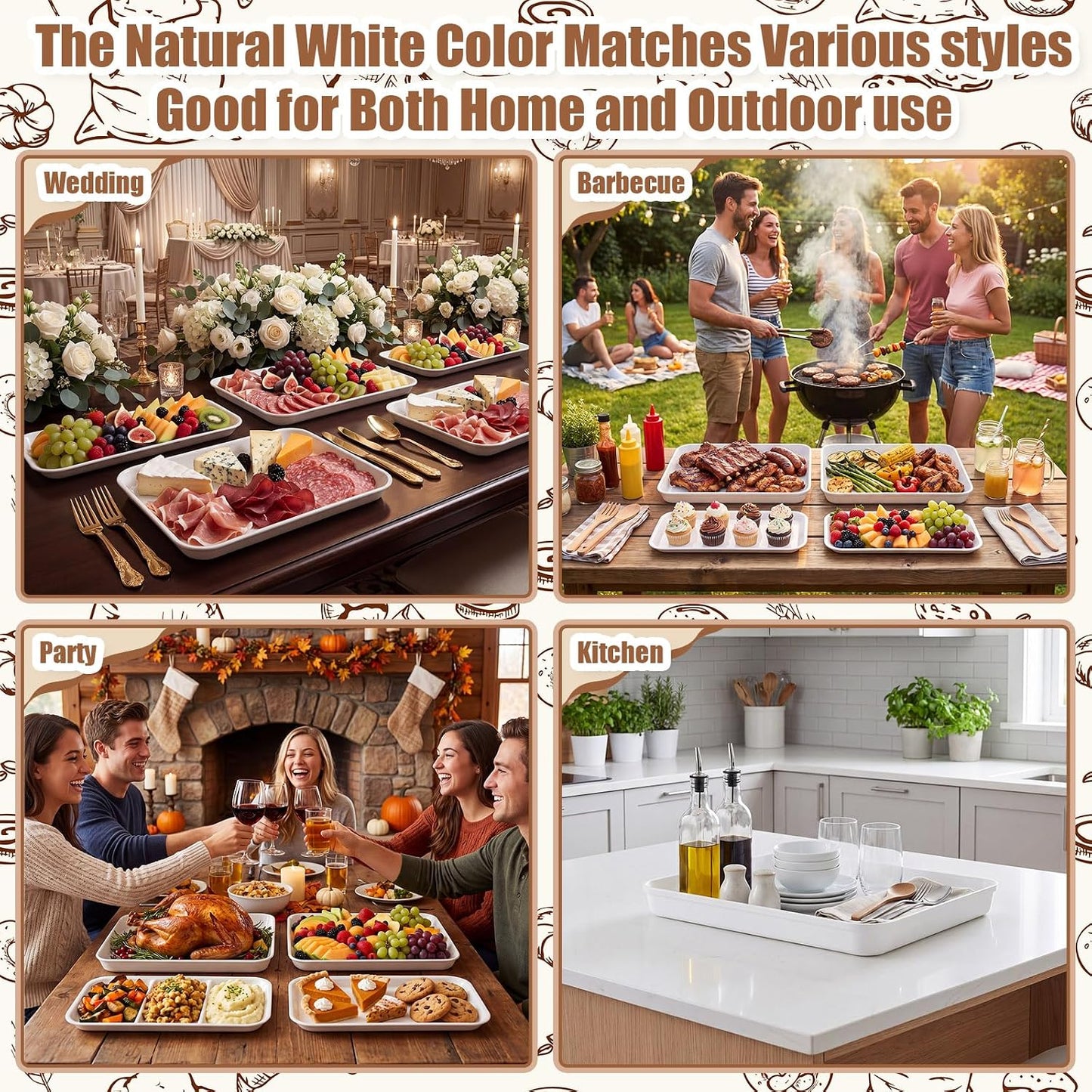 6 Pcs Large Serving Tray and Platters for Party, 15" White Plastic Food Display Trays for Cookies Desserts Appetizers, Reusable Rectangular Hosting Essentials for Buffet Catering