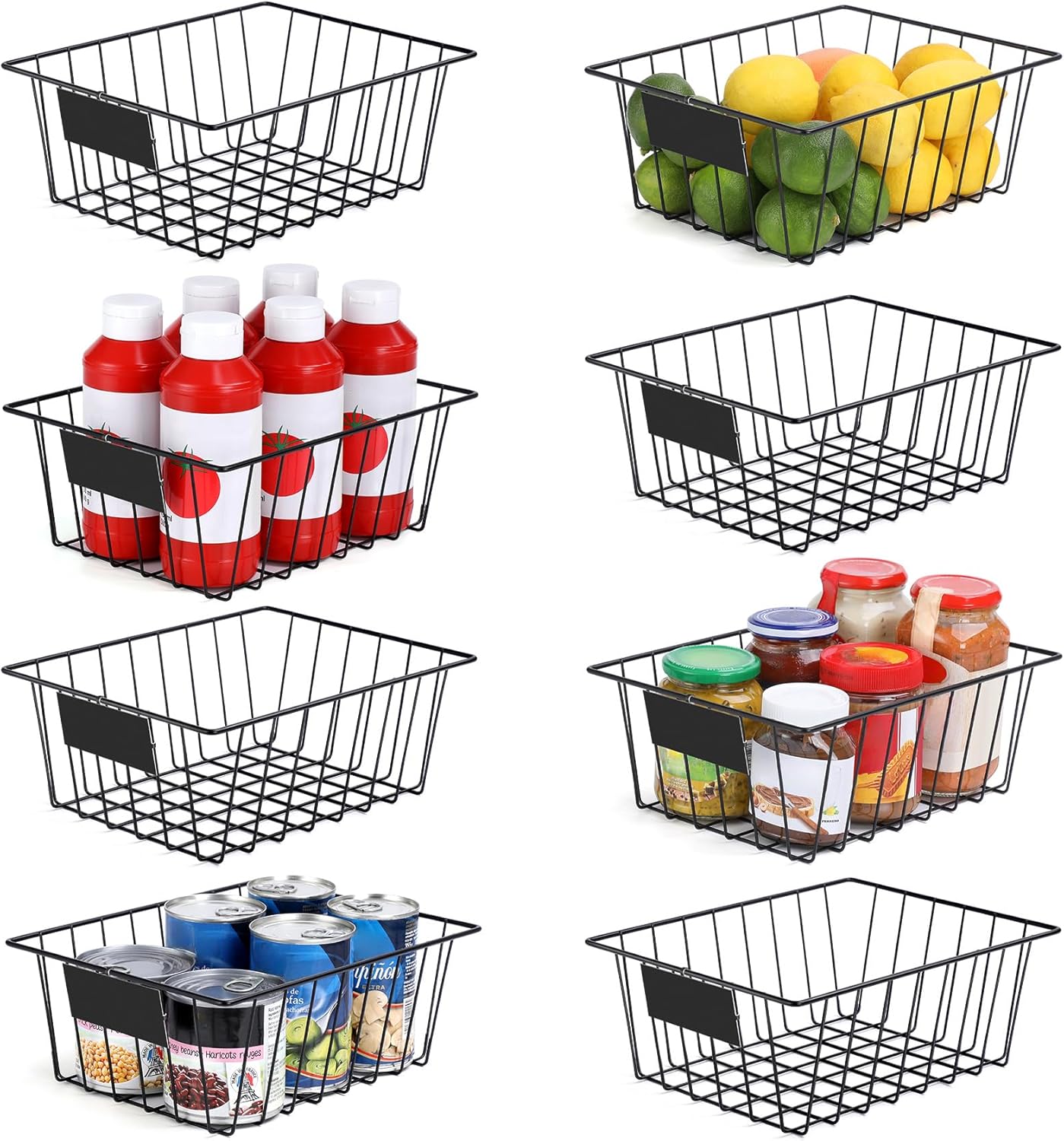 8 Set, Extra Large Wire Baskets for Organizing with Lables, Cabinet Pantry Organization and Storage Bins - Metal Basket for Kitchen, Laundry, Garage, Fridge, Bathroom Countertop Organizer, Black