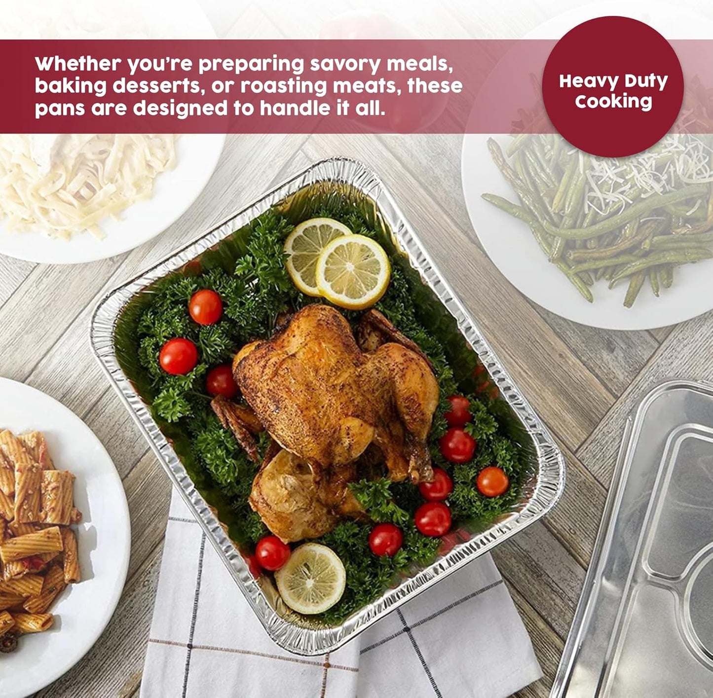 Rectangular Disposable Aluminum Pans with Clear Lids - (25 Pack/Lids), Durable Roasting Pan, Cookware, Baking, Meal Prep, Food Leftovers, Steam Table Tray, BBQ Safe & Spill Free