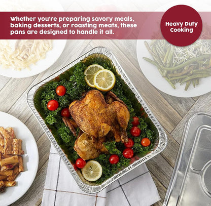Rectangular Disposable Aluminum Pans with Clear Lids - (25 Pack/Lids), Durable Roasting Pan, Cookware, Baking, Meal Prep, Food Leftovers, Steam Table Tray, BBQ Safe & Spill Free