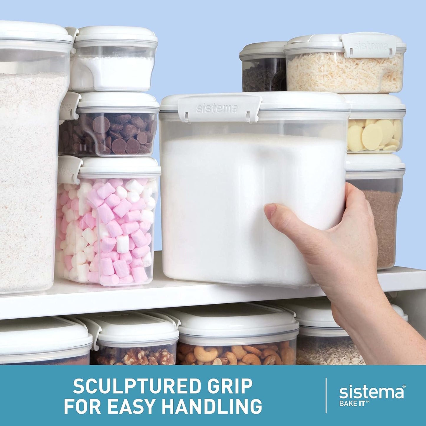 Sistema Flour and Sugar Storage Containers for Pantry with Lids and Measuring Cup, Dishwasher Safe, 13.7-Cup, White