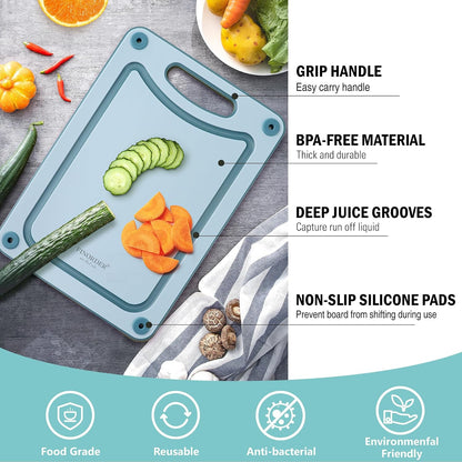 Finorder Set of 3 Sizes Cutting Board, Blue Double Side Non Slip Cutting Boards with Easy Grip Handle and Juice Grooves, BPA-Free Dishwasher Safe Reversible Chopping Board for Veggies Chopping Meat