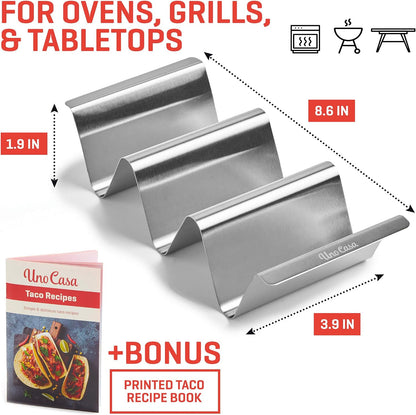 Uno Casa Metal Taco Holder Set of 6 - U-Shaped Taco Holders for Griddle - Stainless Steel, Dishwasher Safe, Suitable for Oven - Perfect for Party & Fun Gatherings - Recipe Book Included