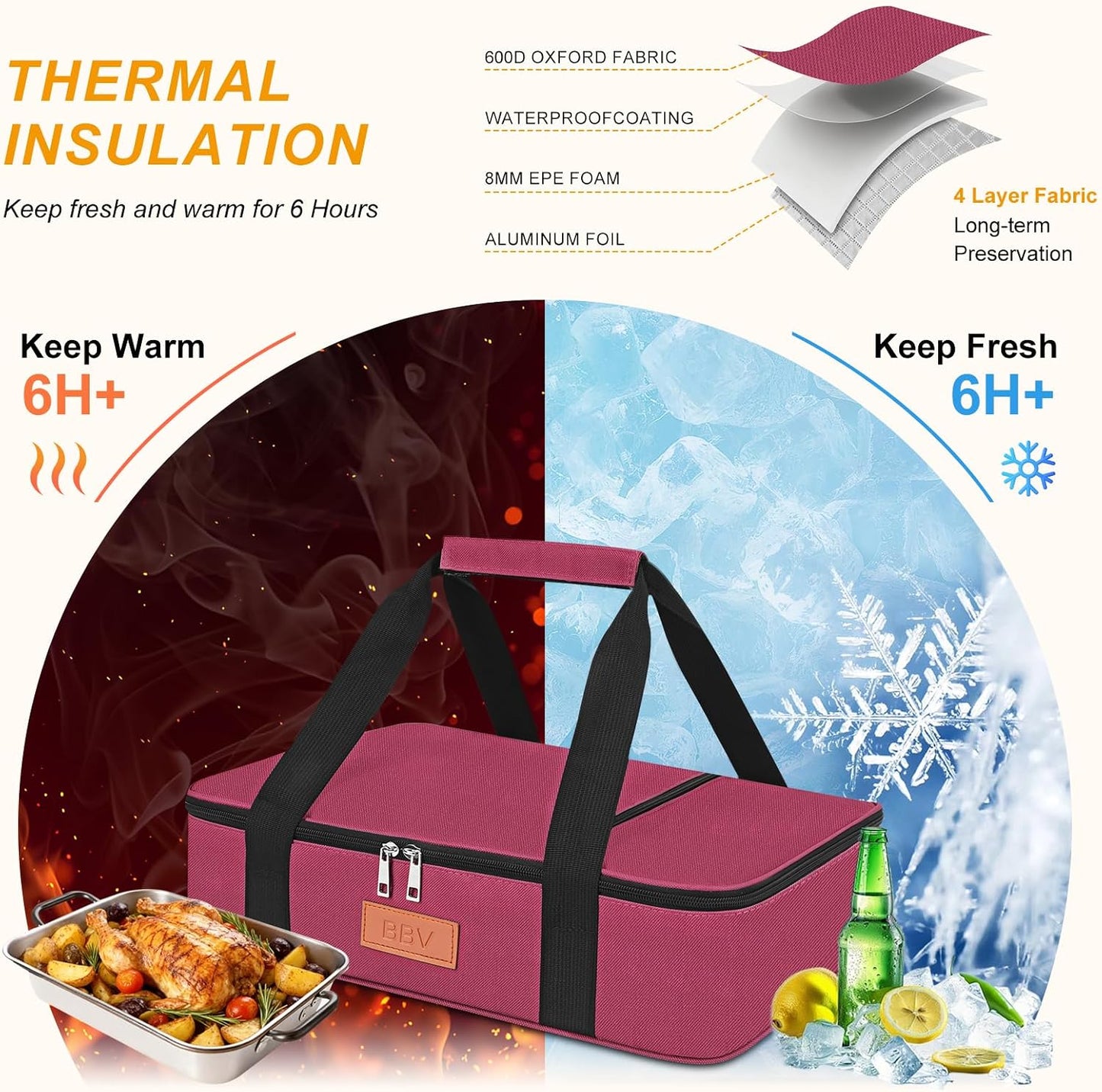 BBV Insulated Casserole Carrier for Hot or Cold Food, Food Warmer Bag Fits 9"x13" Baking Dish, Durable Nylon Leak Proof Food Containers for Travel, Potluck, Parties, Picnic, Cookouts (Beige)