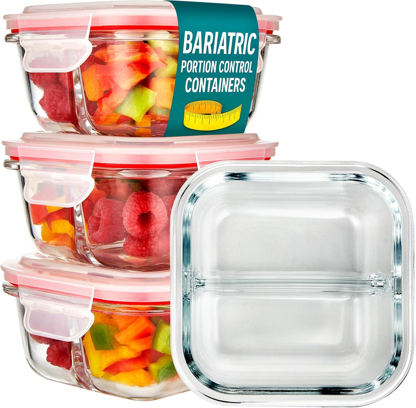 Glass Portion Control Bariatric Containers (3 Pack), 1 Cup Food Containers with Two 4 oz Compartments, 4oz Food Storage Containers for meal prep, Microwave Safe Glass Portion Containers with Lids