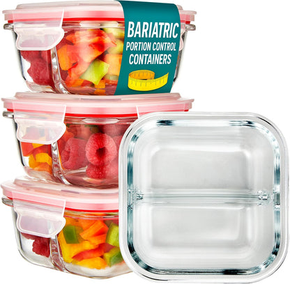 Glass Portion Control Bariatric Containers (3 Pack), 1 Cup Food Containers with Two 4 oz Compartments, 4oz Food Storage Containers for meal prep, Microwave Safe Glass Portion Containers with Lids