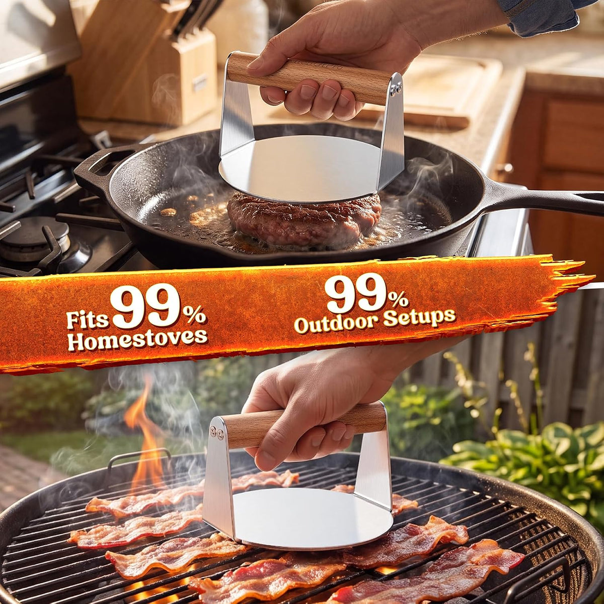 Smash Burger Press Stainless Steel, Grill Patty Bacon Press