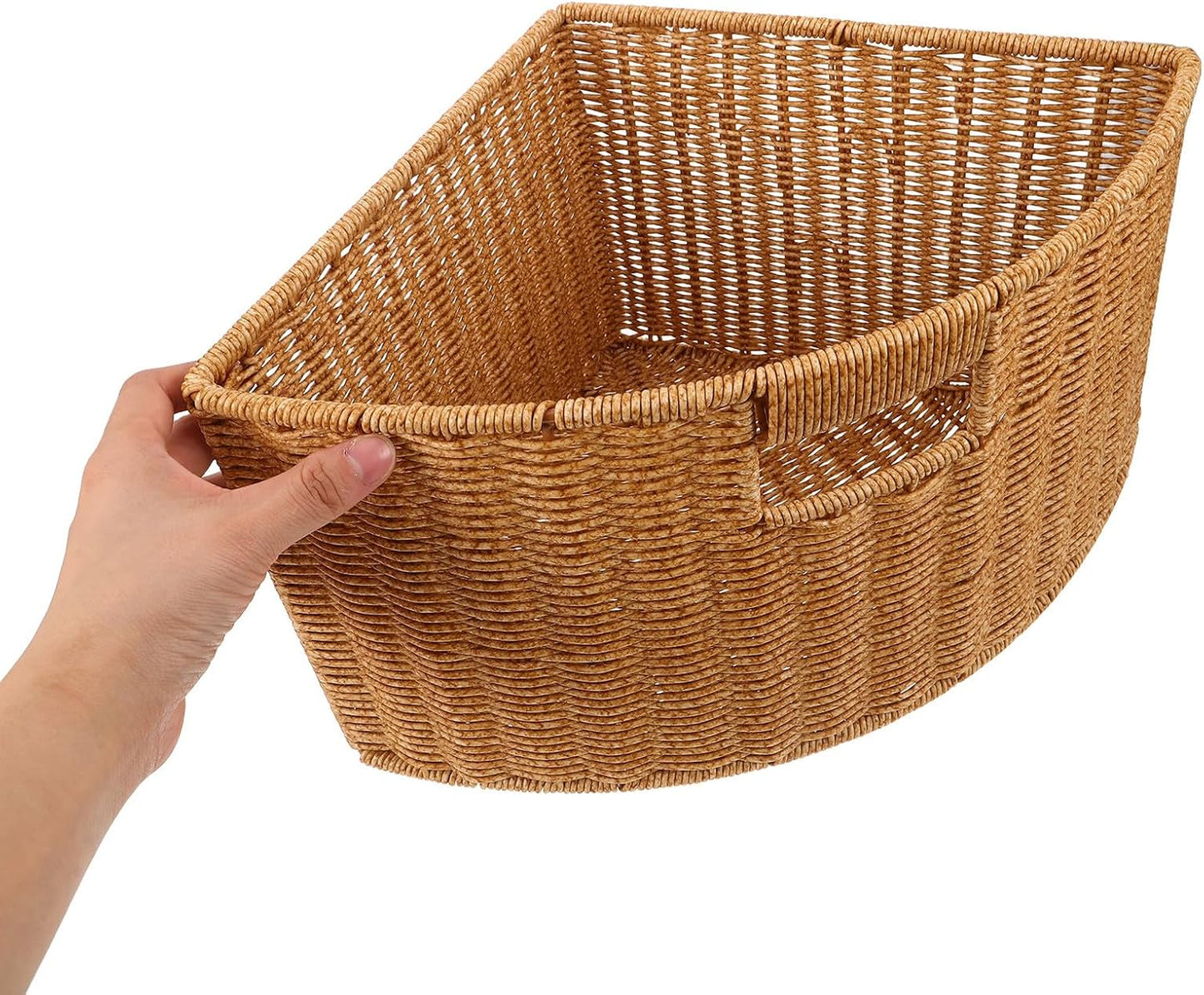 Woven Triangle Corner Storage Basket: Plastic Rattan Triangle Laundry Basket Organizer Bin with Handles for Shelf, Space Saving Triangular Container for Bathroom Bedroom Countertop and Kitchen Cabinet