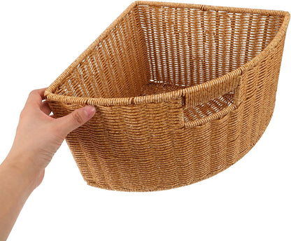 Woven Triangle Corner Storage Basket: Plastic Rattan Triangle Laundry Basket Organizer Bin with Handles for Shelf, Space Saving Triangular Container for Bathroom Bedroom Countertop and Kitchen Cabinet