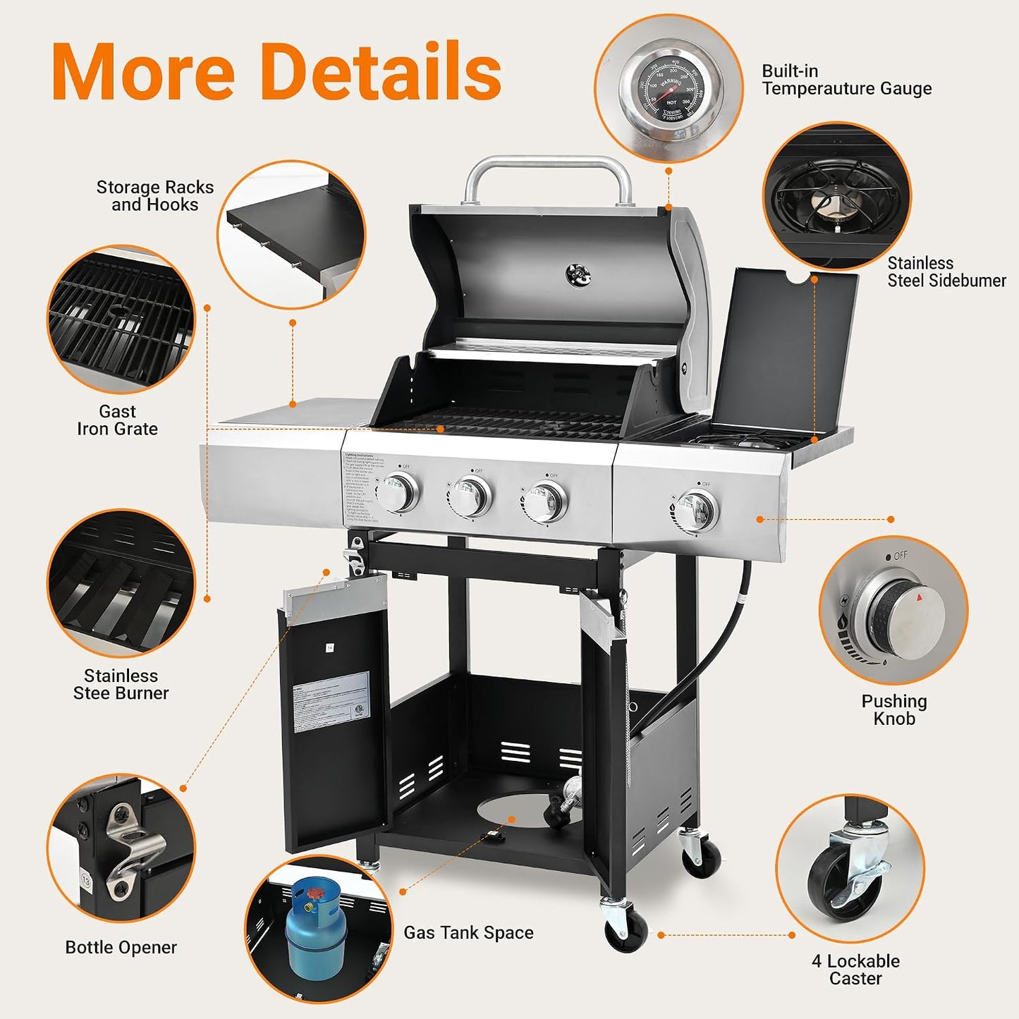 3-Burner Propane Gas Grill, 30,000 BTU Stainless Steel Outdoor BBQ Grill with Lid, Side Shelves & Wheels for Patio, Garden and Backyard Cooking