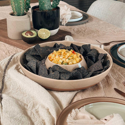 Mora Ceramic Chips and Dip Serving Tray: Large Divided Party Bowl Set for Chips & Salsa, Veggies & Dip, Fruit, Snacks, Entertaining, Hosting, etc. Minimalist Design for the Modern Hostess - White