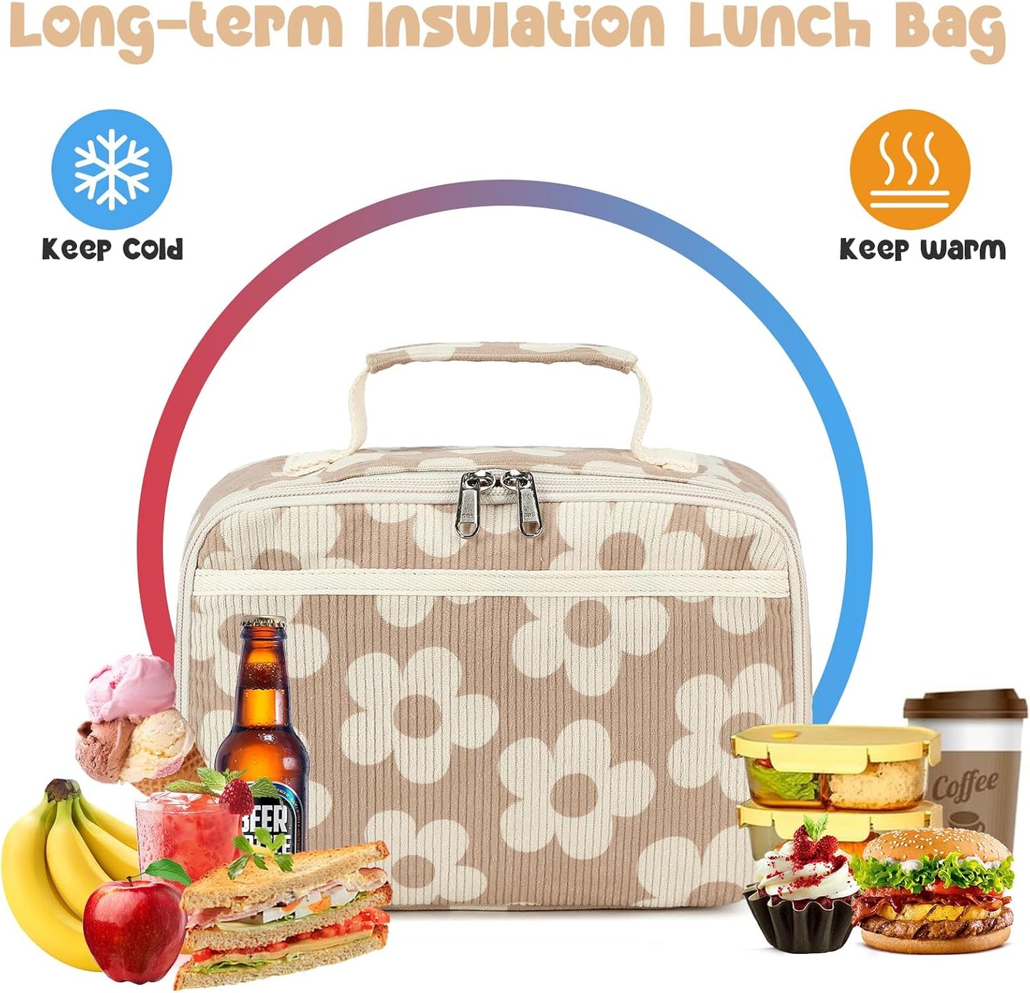 Bluboon Insulated Lunch Bag for Girls & Boys, Corduroy School Lunch Box with Cooler & Organizer Compartments, Leak-Proof Lunch Tote for School, Travel (Corduroy Strawberries Beige)