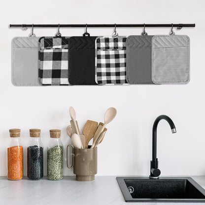 R HORSE 6Pcs Black Pot Holders with Pocket for Kitchen, 7''x 9''