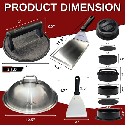 Gamalou® Smash Burger Press Kit: 7" Cast Iron Grill Press, 12" Melting Dome, 3-in-1 Patty Maker, 4.3" Spatula & 4" Scraper, Griddle Accessories for Blackstone, Grills, Flat Top, BBQ, Fry Pan