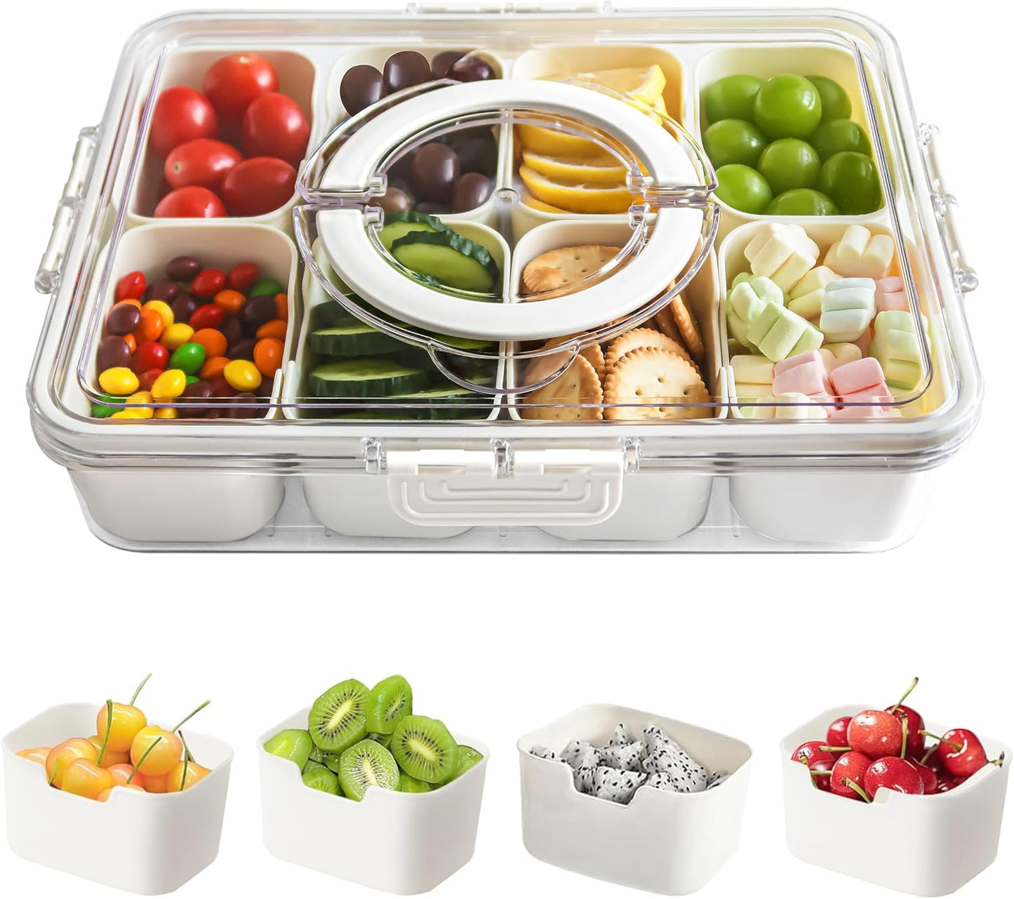 Snackle Box Container, Divided Serving Tray with Lid and Handle, Portable Snack Containers, 8 Compartment Snack Box Container, Transparent Storage Box for Fruits, Vegetables, Candies